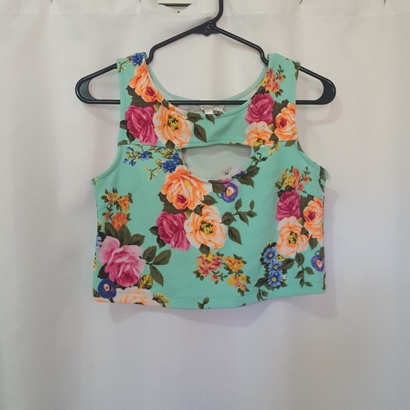 ICON Crop Top Sleeveless Turquoise Floral - Picture 1 of 4